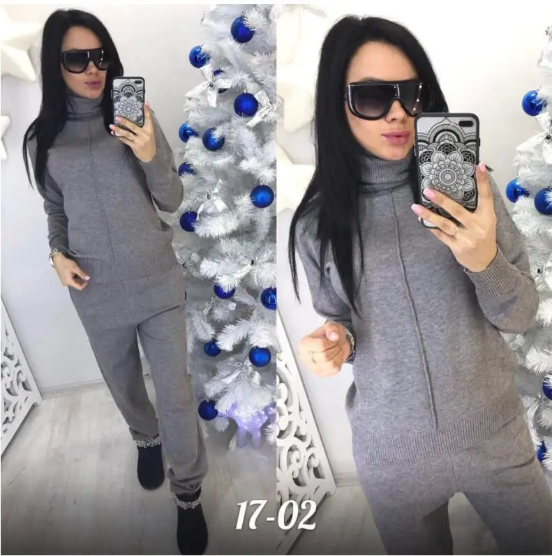 Модный женский повседневный костюм из 2 предметов вязаный свитер с высоким