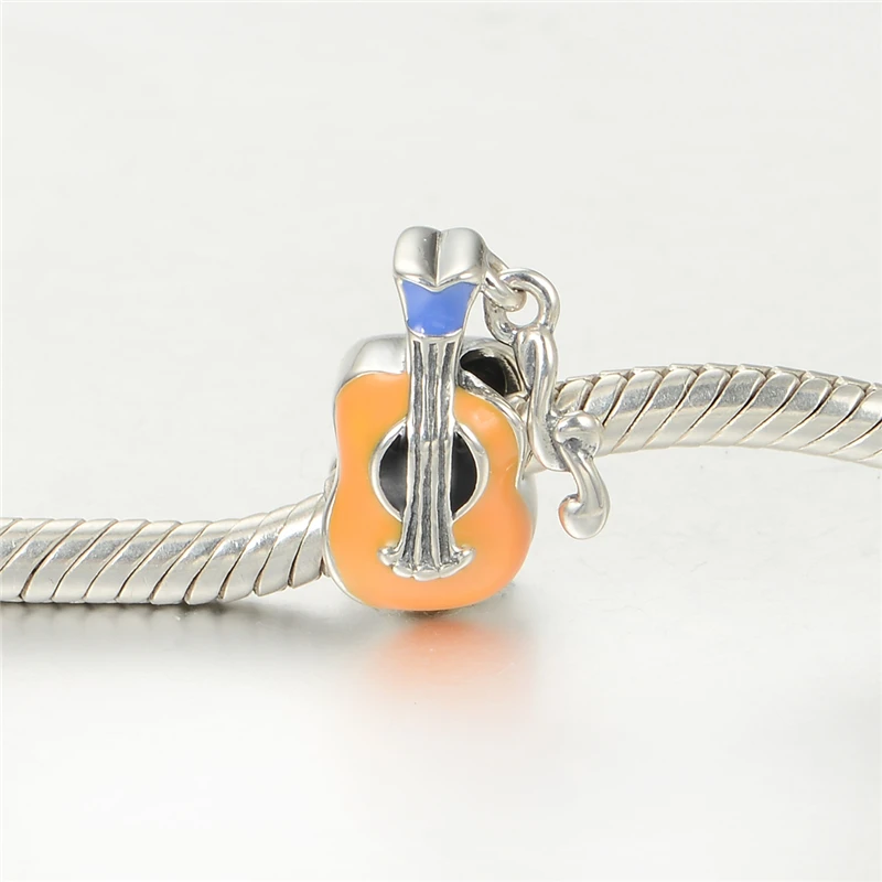 Серебряный 925 Ювелирная Скрипка Подвески оранжевый цвет эмаль Diy втулок для