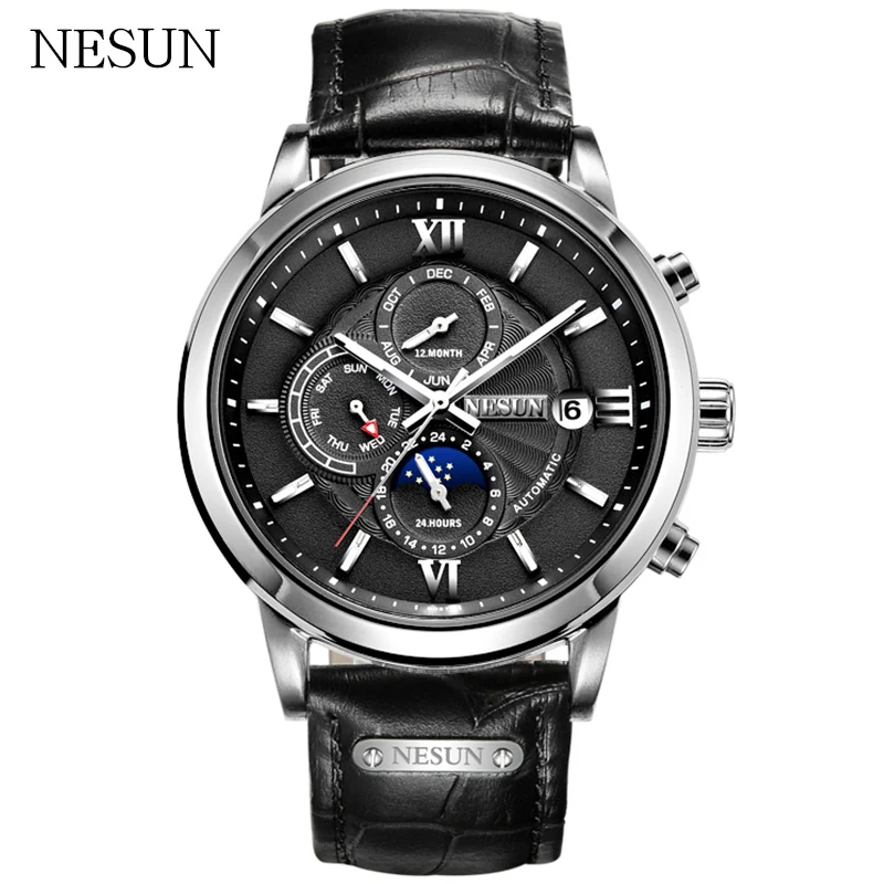 BlackLeather NESUN Брендовые мужские креативные простые автоматические механические наручные часы водонепроницаемые военные спортивные часы мужские часы Relogio Masculino - Цвет: BlackLeather