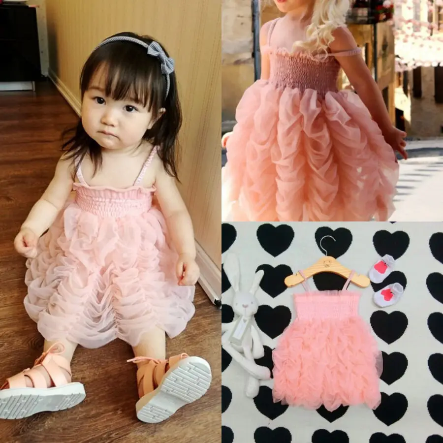 Girls Cute Tutu Dresses Baby Girl Pink Princess Party Sleeveless Strap Ruffle Summer Bubble Dress 1-6Y | Детская одежда и обувь