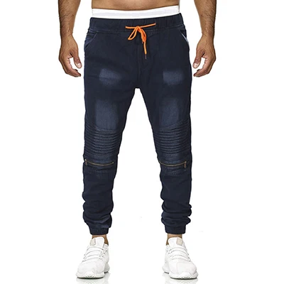 navy blue Весенний стиль, мужские Модные Повседневные джинсы, штаны, эластичная талия, плиссированные хлопковые джинсы, Молодежные спортивные длинные джинсы, брюки, мужские штаны - Цвет: navy blue