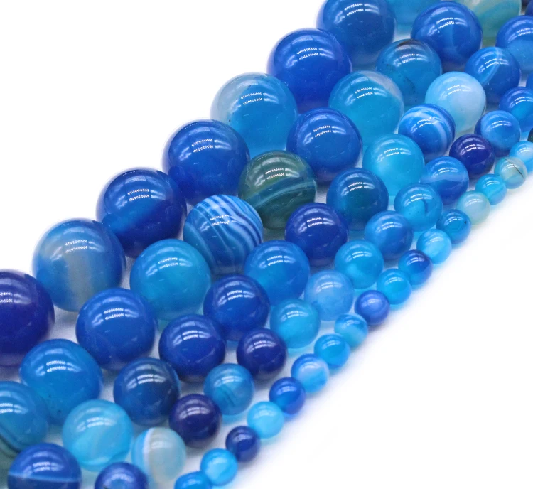 Natural Stone Beads Blue Stripe agat Onyx Round Loose Beads 4 6 8 10 12 14mm Fit Diy Space Beads Jewelry Making