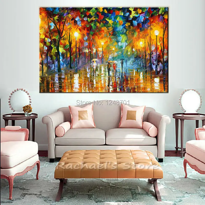 Large Handpainted Lover Rain Street Tree Lamp Landscape Oil Painting On Canvas Wall Art Pictures For Living Room Home Decor | Дом и сад