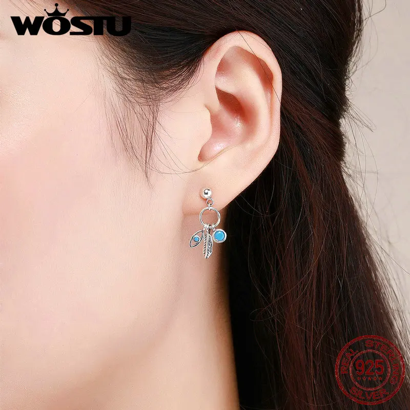 WOSTU подлинные 925 пробы серебряные богемные серьги-капли с перьями для женщин модные ювелирные изделия серебряные вечерние подарки CQE436