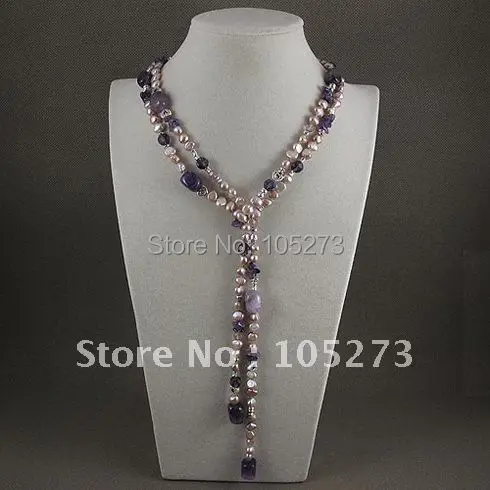 

Amazing!lLong necklaceAA 5-6MM purple Genuine freshwater pearl &purple Amethysts crystal & Silvers necklace free shipping A2321