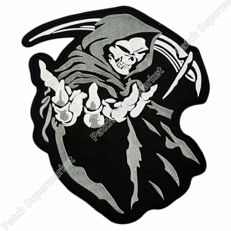 1" с капюшоном GRIM REAPER череп большой патч Скелет Байкер нашивки для куртки сзади вышивка мотоцикл рокабилли мужские нашивки