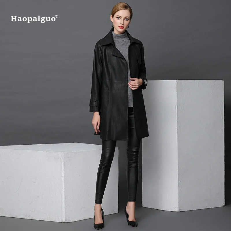 Women Fashion Autumn Winte PU Leather 2020 Black Full Sleeve Turn-down Collar Vintage Office Long Coat Work Ladies Outwear Coats