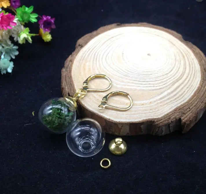 1pair 16*4mm Handmade round glass globe &amp ear hook vial with green moss diy earring wire wishing bottle jewelry | Украшения и
