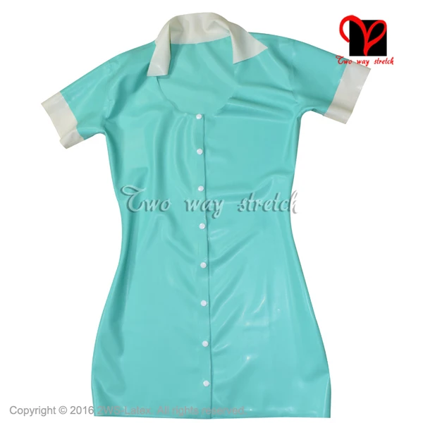 jade green and white Сексуальное латексное платье медсестры с фартук с перчатками резиновый головной убор Униформа доктора короткий рукав комбинезон медицинский бодикон размера плюс QZ-043 - Цвет: jade green and white