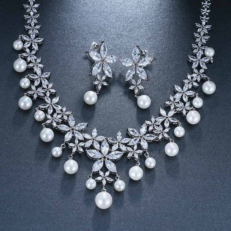 GMGYQ Trendy Imitate Pearl Jewelry Fashion Bride AAA Cubic Zircon Earrings Necklace Set Factory Wholesale Sales | Украшения и