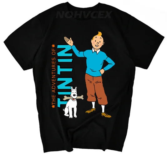 Черный Новая мужская футболка с принтом персонажа Tintin Новинка забавная Мужская хлопковая футболка футболки хипстер одежда - Цвет: Черный