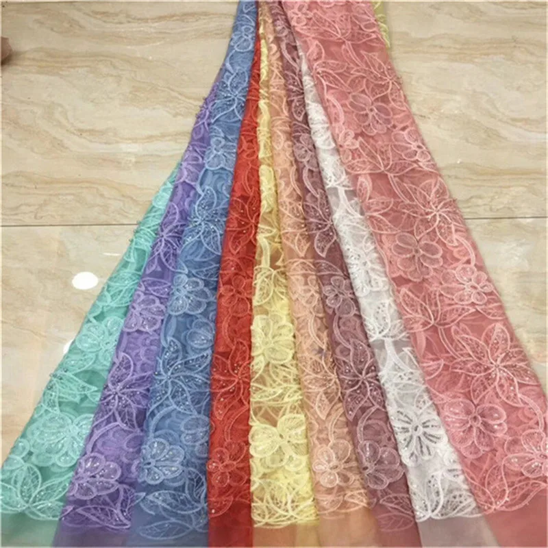 

African Lace Fabric beads Embroidered Nigerian Laces Fabric Bridal High Quality pink Sequins French Tulle Lace Fabric For Women