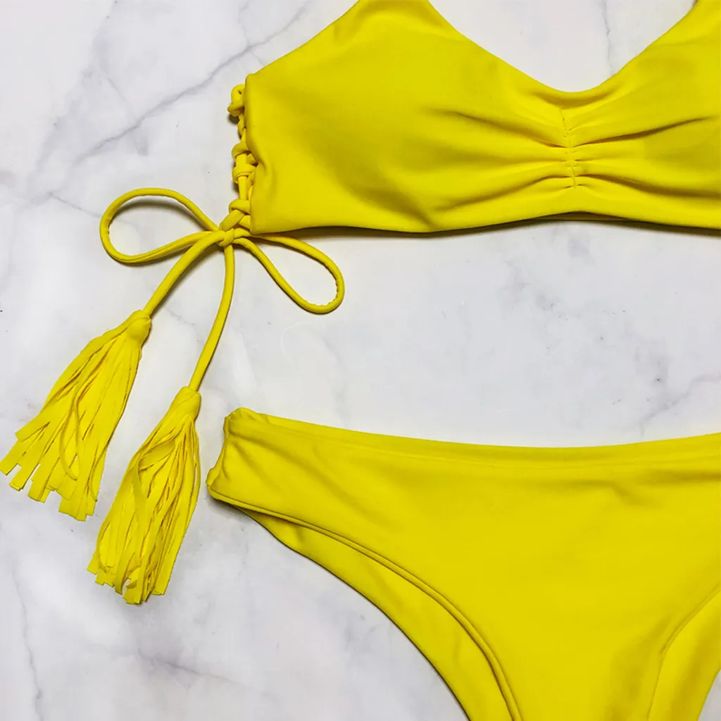 Женский Одноцветный желтый пляжный комплект из двух предметов купальник с