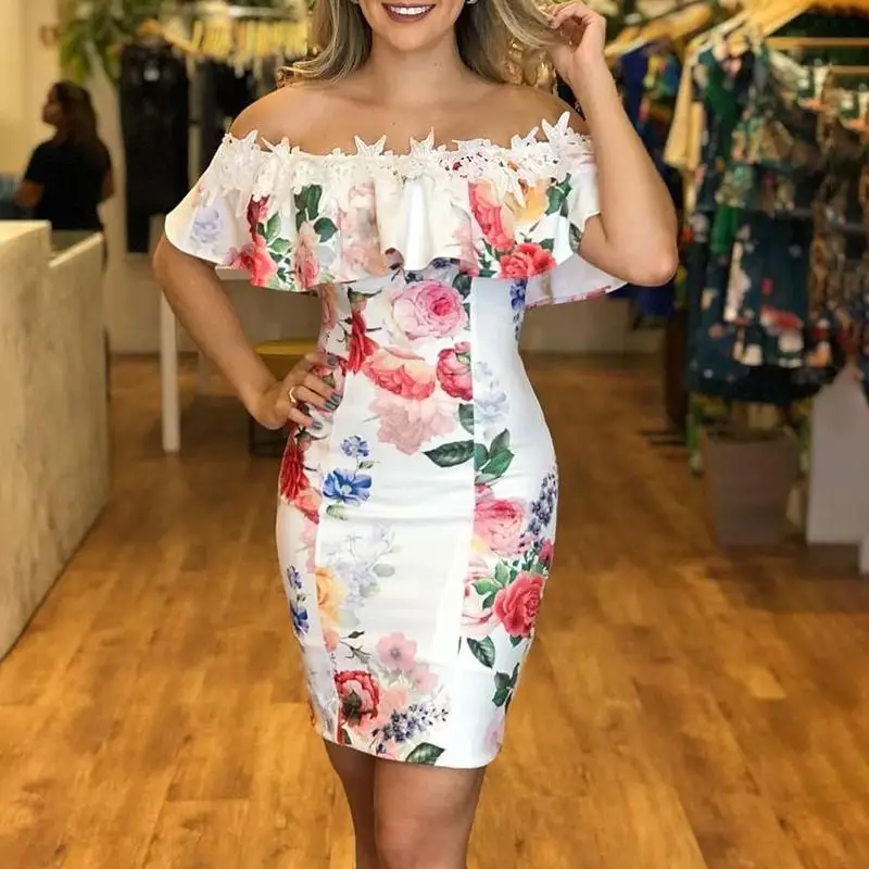 2018 Кружевное облегающее платье с цветочным принтом и аппликацией|Женские платья|