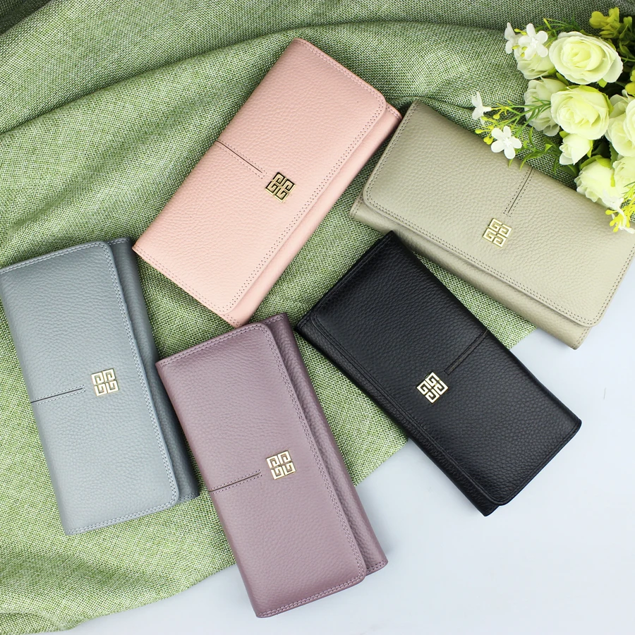 Женский Длинный кошелек из натуральной кожи 3 сложения на застежке с отделением