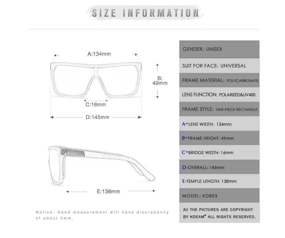 Мужские и женские солнцезащитные очки KDEAM поляризационные большого размера для