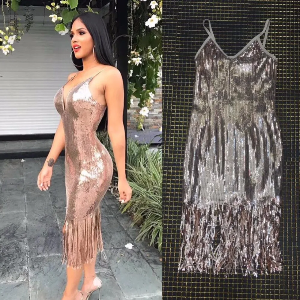 

New Summer Tassel Sequined Spaghetti Strap v neck Sleeveless Mid-Calf Celebrity Party Bandage Bodycon Vestidos Dress