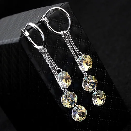 Трендовые Восьмиугольные кристаллы от Swarovski кисточкой серьги для женщин серебряный цвет серьги на свадебную вечеринку женские ювелирные изделия подарок