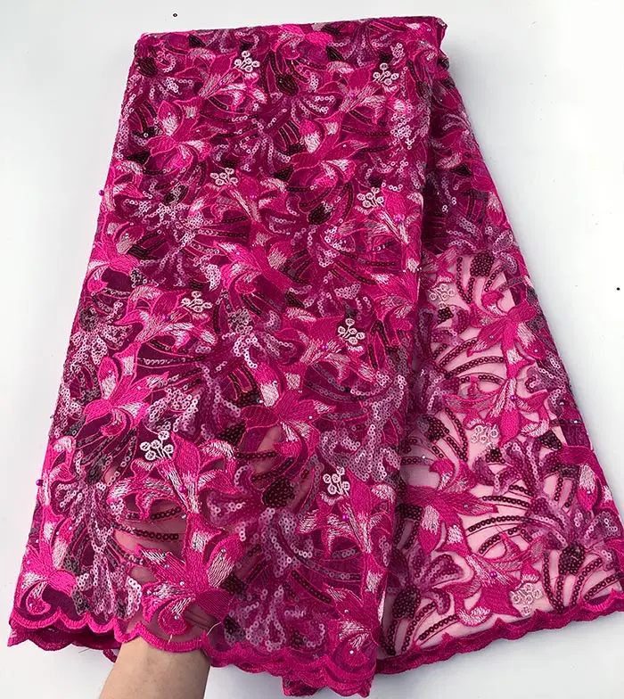 Fushia Pink 5 ярдов вышивка французского кружева много блесток Блестящий Африканский праздничный ткань платье Ткань Горячая Распродажа - Цвет: Fushia Pink