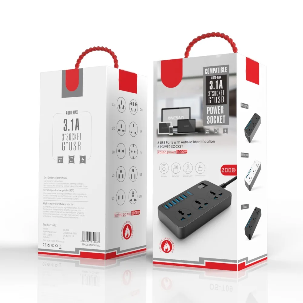 

Power Strips with 3 Outlets 6 USB Ports Surge Protection Universal Power Socket with 2M Extension cord Smart USB charger Power