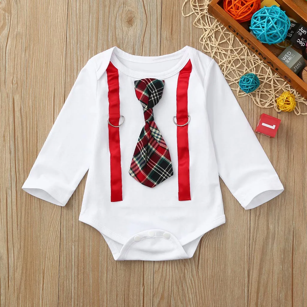 Newborn Baby Boys Patchwork Autumn Romper Clothes Infant Boy Long Sleeve Plaid Tie Gentleman Bodysuit Toddler Kid Fashion Romper