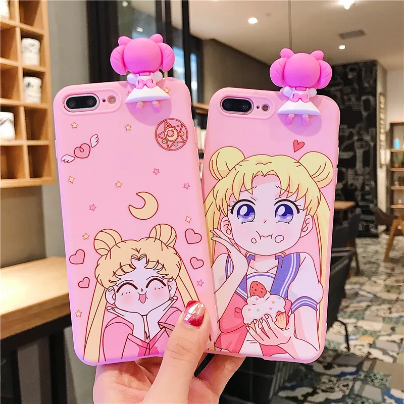 Pink Japanese Anime Kawaii Sailor Moon Phone Case For iPhone 6 6s Puls 7 8 X XR XS MAX Cases TPU Soft Doll Back Cover Coque |