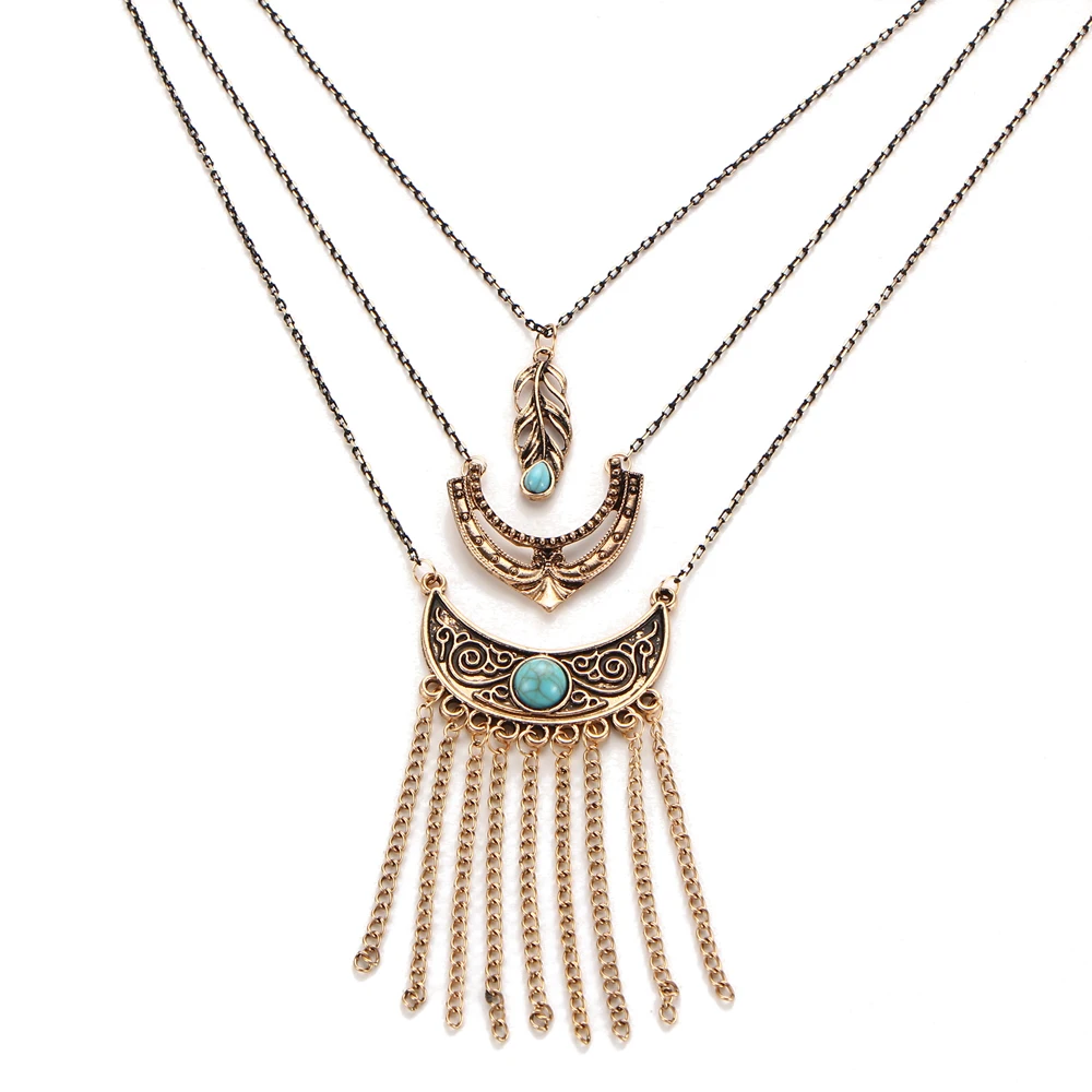 Если мне модные Винтаж кисточкой 3 слоя многослойная длинная цепочка Геометрия