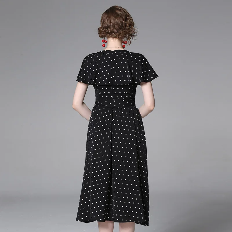 Женское платье в горошек с V-образным вырезом и рукавом-накидкой | Женская одежда