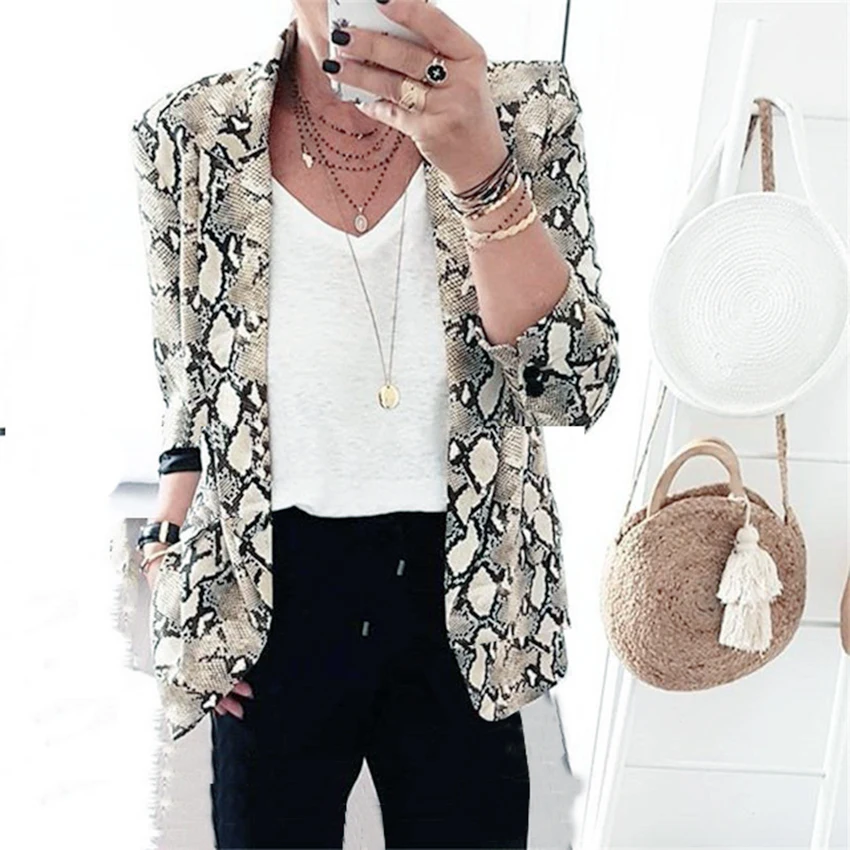 Женские свободные куртки с принтом змеиной кожи Повседневная Верхняя одежда