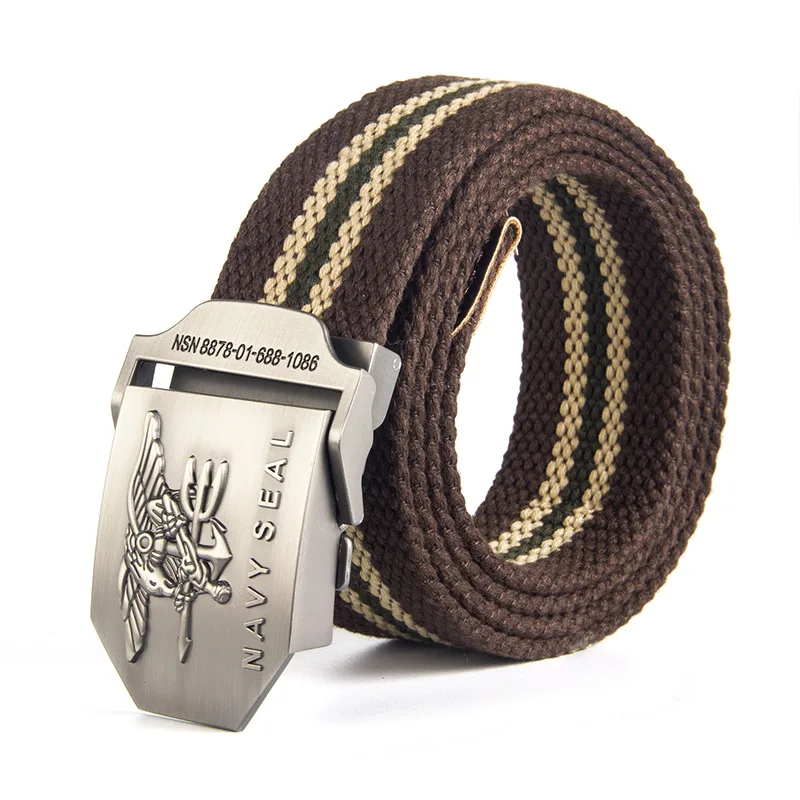 Coffee Strips Belt 12 типов холщовый мужской ремень темно-синего цвета с металлической гладкой пряжкой полосатый мужской ремень из сплава орла армейский ремень длинный Регулируемый черный пояс для талии - Цвет: Coffee Strips Belt