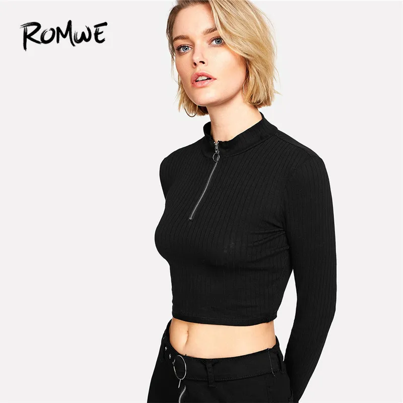 ROMWE Ring Zip Up Передняя ребристая укороченная футболка черная на молнии со стоячим воротником футболка Осенняя простая с длинным рукавом женский топ
