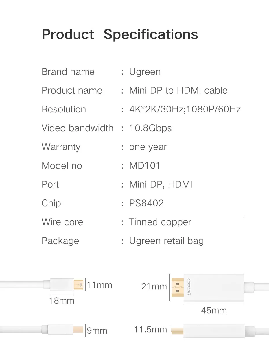 Ugreen Thunderbolt дисплей мини кабель DP-HDMI папа-папа адаптер для Macbook Pro Air проектор камеры ТВ Поддержка 4 к* 2 к 3D