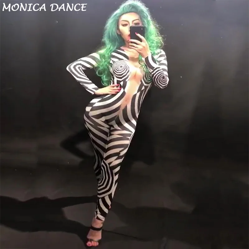 

Women Sexy Stage Skin Color Jumpsuit 3D Printed Zebra Pattern Bodysuit Nightclub Party Celebrate Dancer Singer Stage Wear