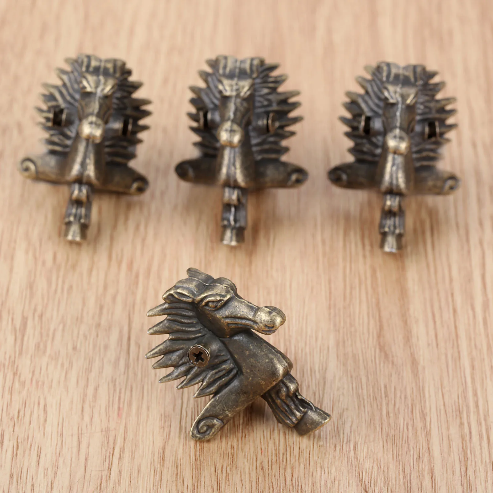4Pcs Antique Bronze Horse Head Jewelry Gift Box Wood Case Decorative Feet Leg Corner Protector 39*24mm