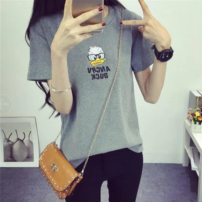 Лето Harajuku Новые женские Футболки Вышивка Мультфильм Утка Смешно футболка