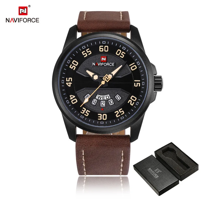 Naviforce новые модные мужские часы, Военные Спортивные кварцевые мужские часы, кожаные водонепроницаемые мужские наручные часы, мужские часы 9124