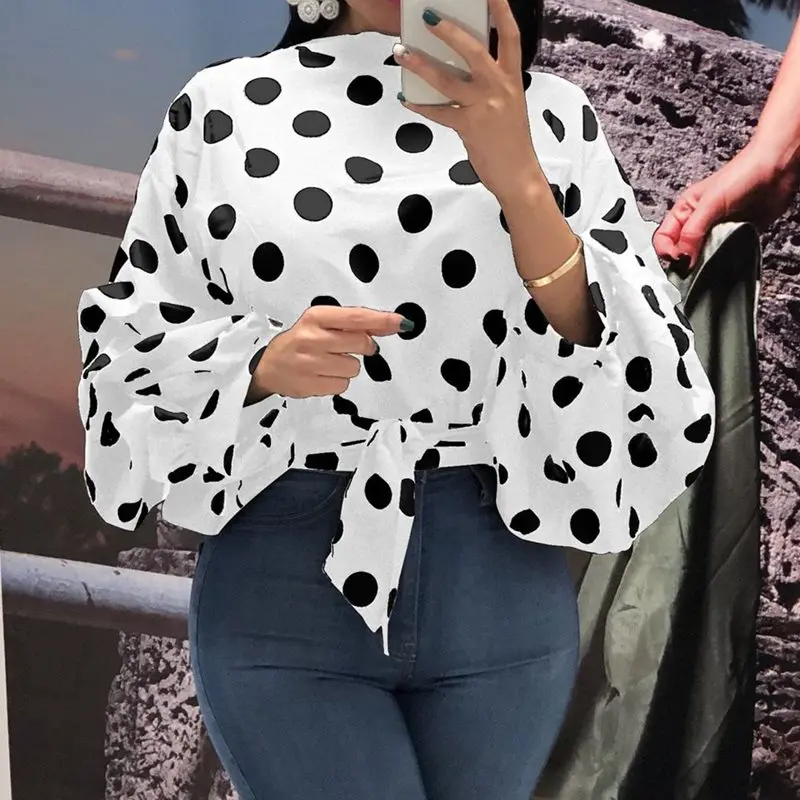 

Summer Office Ladies Sweet Plus Size Red Elegant Blouses Woman Casual Loose Lantern Sleeve Polka Dots Fall Female Top Shirt