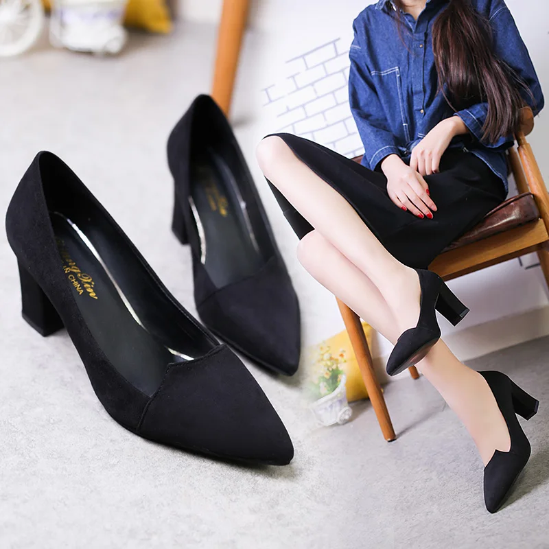 2019 Top quality spring new thick high heel black suede single shoes pointed toe mujer head with wild women's pumps shoes