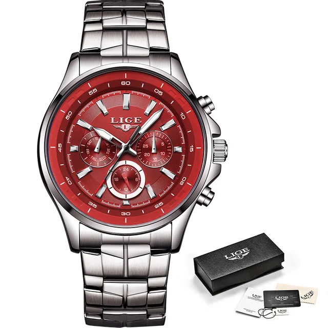 Steel red LIGE спортивные мужские часы, мужские кварцевые наручные часы, водонепроницаемые, ударопрочный стальной ремешок, черные армейские мужские часы, мужские часы Hodinky+ коробка - Цвет: Steel red