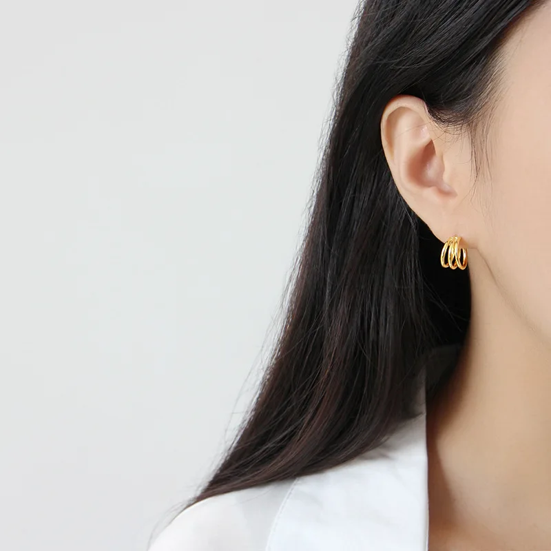 SHANICE Gold Color Authentic 925 Sterling Silver Stud Earrings INS Simple Multi-layer Line Circles Student Jewelry Lucky Gift | Украшения и