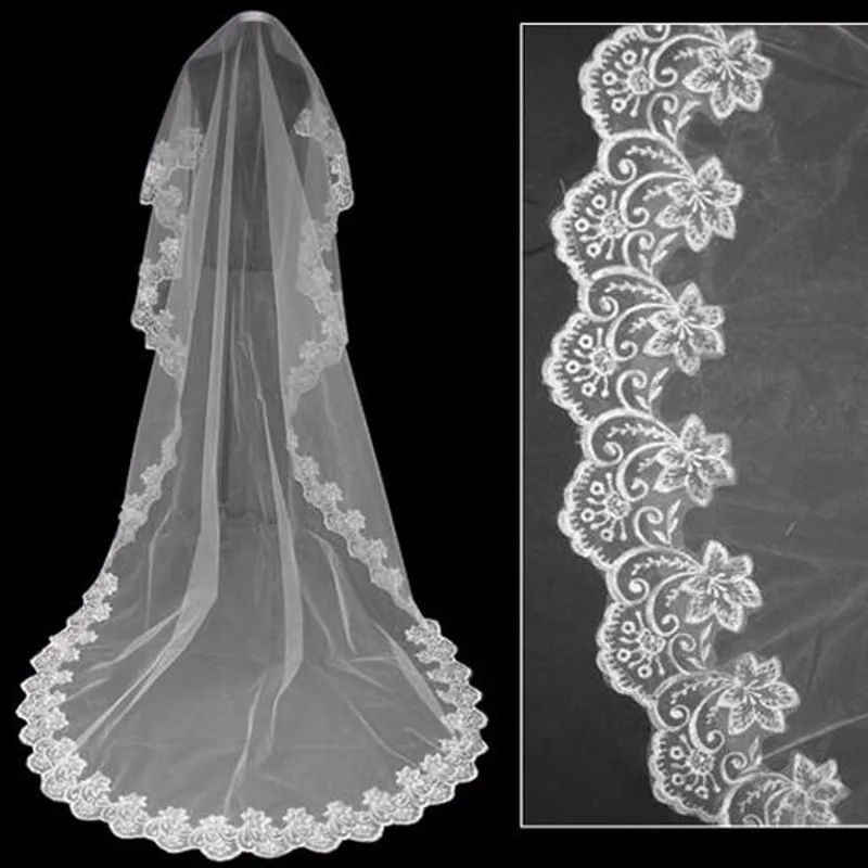 Один слой кружевная кромка длина собора свадебная фата белые слоновая кость