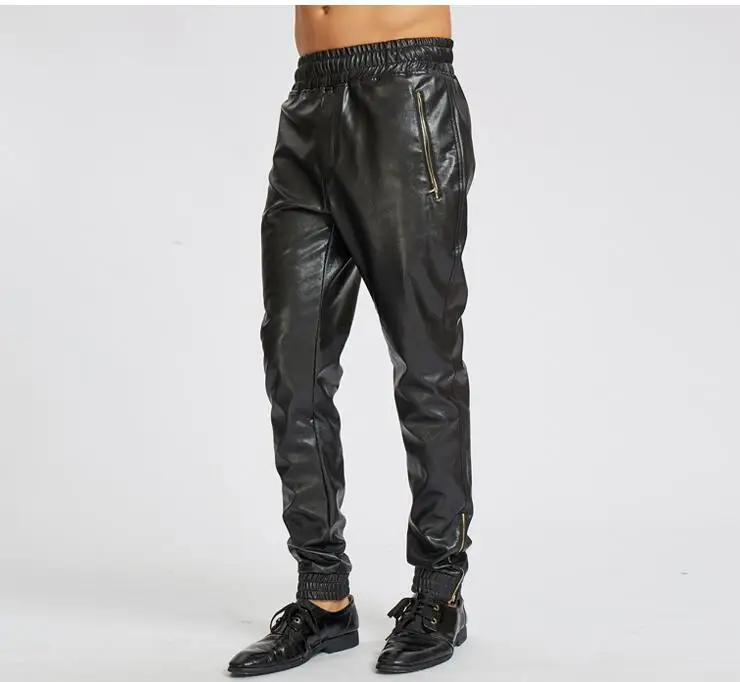 Black spring autumn fashion motorcycle faux leather pants mens feet pants loose pu trousers for men pantalon homme street