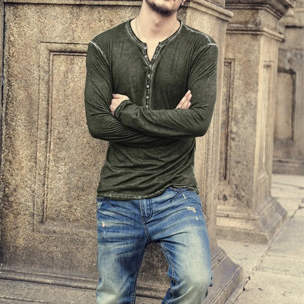Мужская рубашка с v образным вырезом camisa henley повседневная Винтажная футболка