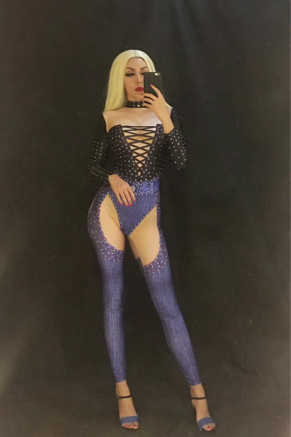 Black Bandage Pattern Jeans Jumpsuit Long Sleeve Stones Sexy Wear Female Singer Costume Birthday Prom Party Women Dance Clothing |