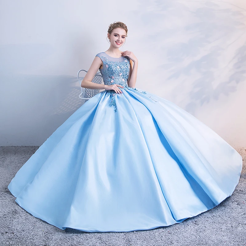 SSYFashion Новое роскошное сатиновое светло-голубое вечернее платье без рукавов