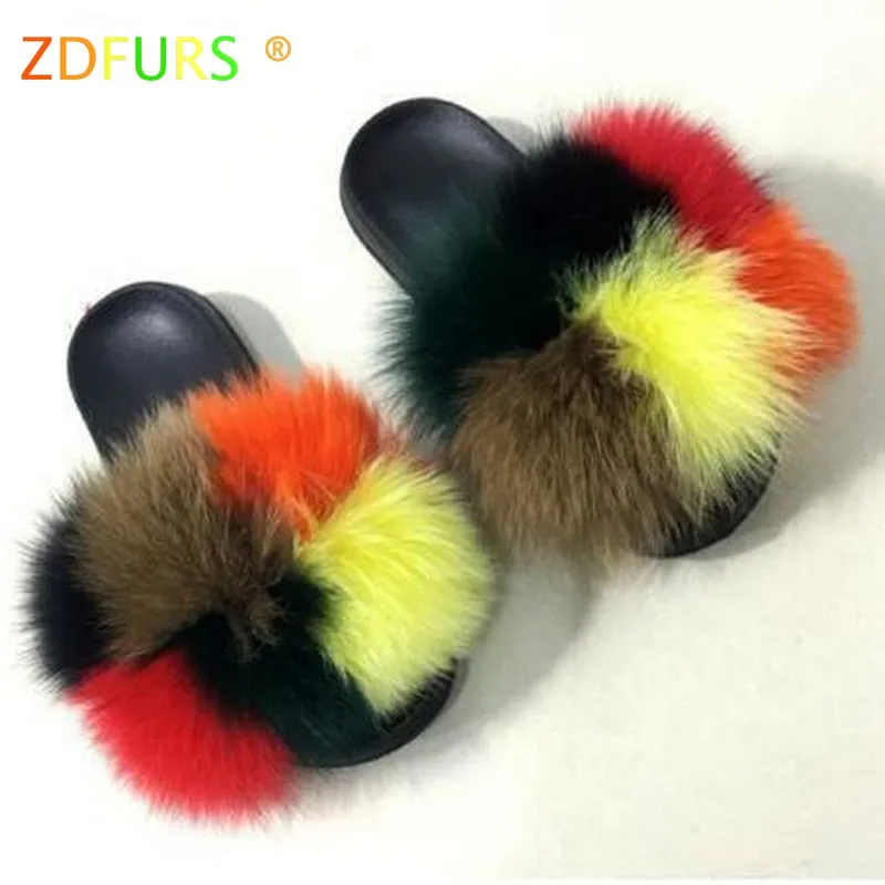 6 colors mixed 1 ZDFURS/; Лидер продаж; женские шлепанцы с лисьим мехом; Разноцветные Летние модные шлепанцы; женские меховые домашние Вьетнамки; пляжные сандалии - Цвет: 6 colors mixed 1