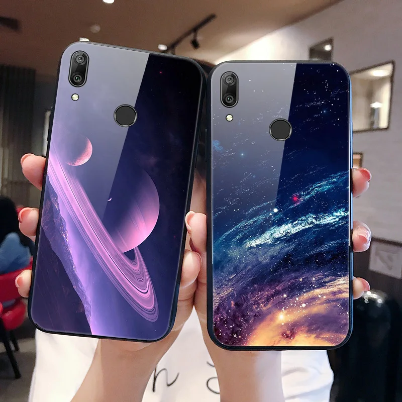 Чехол Y7 2019 для Huawei чехол из закаленного стекла с планетами и космосом стеклянный