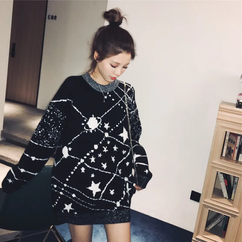 Для женщин 2019 ночного неба звезды Длинные Завышение пуловер свитер Femme шею