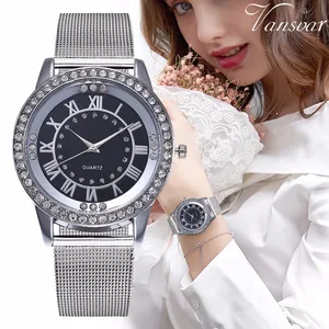 Горячая распродажа Женские часы Стразы повседневные серебряные и розовые золотые часы из нержавеющей стали с сетчатым браслетом часы для прямой поставки