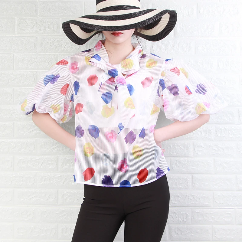 VGH 2019 летние полосатые рубашки с принтом для женщин бантом воротником фонариком